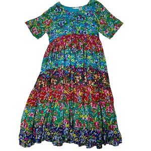 La Cera Comfortwear SMALL Colorful Floral Crinkle Dress Cotton Tiered